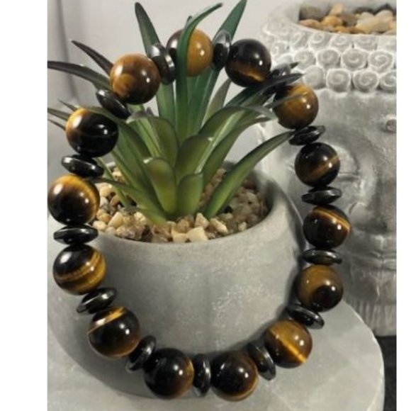10mm Natural Polished Tiger Eye Hematite Rondelle Stretch Bracelet - Picture 3 of 6